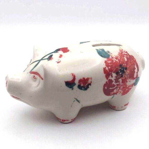 Vintage MCM Handpainted Floral Ceramic Piggy Bank 6" Stopperless 1940s - Picture 1 of 6